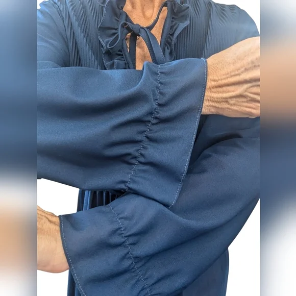 Vintage Women's Sheer Navy V-Neck Ruffle Retro 80s Fashion Blouson Dress Size M - Picture 6 of 7